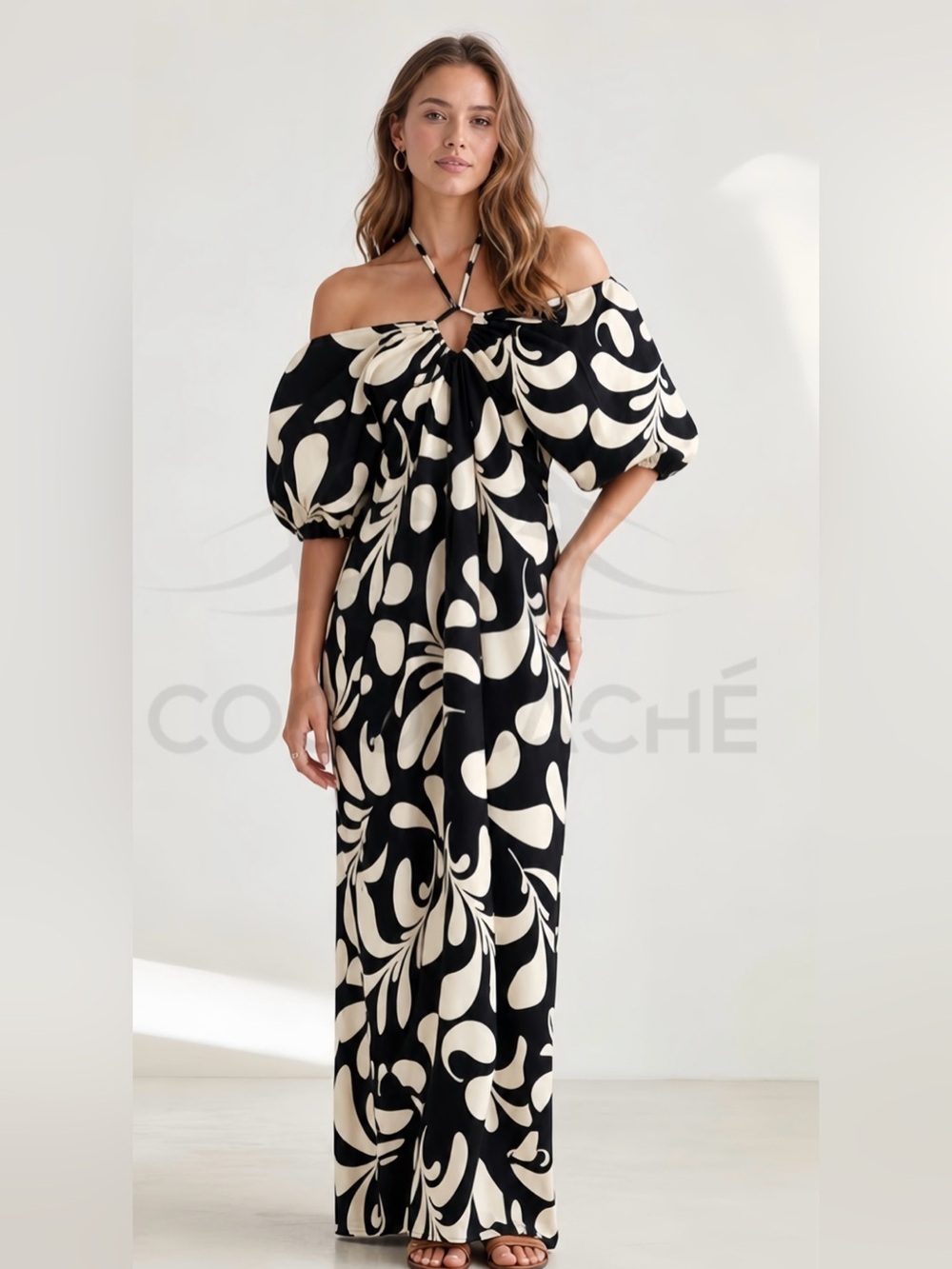Hawaiin Loose Fit Tropical Print Oversized off Shoulder Halter Neck Maxi Dress